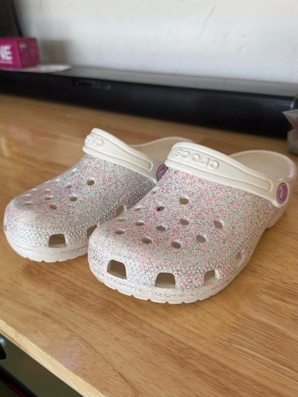 CROCS Kids Glitter Clogs in White with Pink & Silver Sparkle